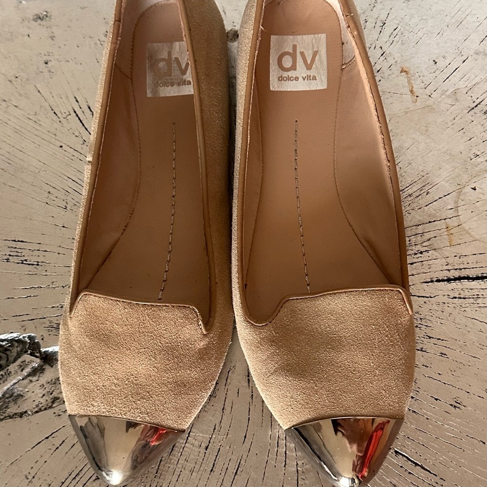 Dolce Vita Beige Suede Flats with Silver Cap Toe